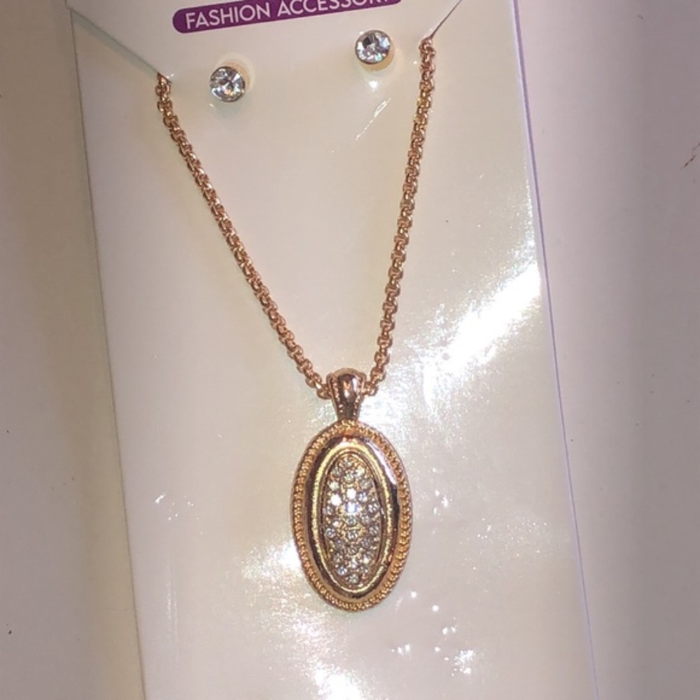 Gold Tone CZ Rhinestone Oval Pendant Necklace and Stud Earring Set